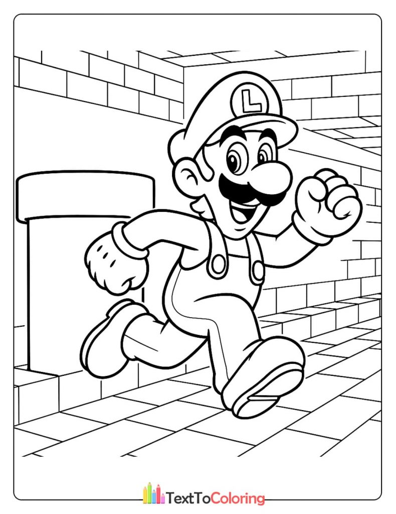 A coloring page of Luigi running in an alley with a pipe