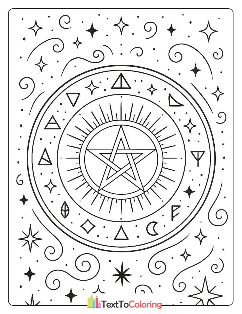 A detailed coloring page of a magic circle with a central pentacle radiating light. Various symbols for the elements, moon phases, and runes are arranged around the circle.