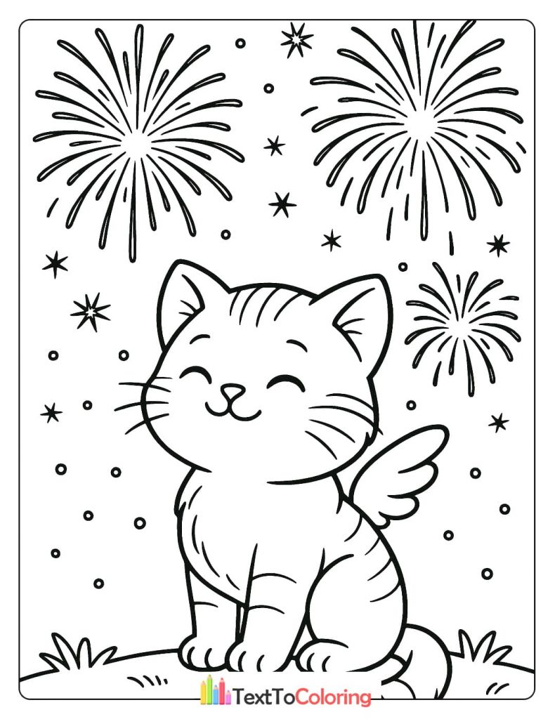 A whimsical coloring page of a happy kitten with little wings, sitting under a sky filled with dazzling fireworks.