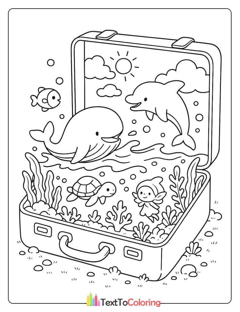 A coloring page of a magical ocean scene inside a suitcase, featuring a whale, dolphin, and sea turtle swimming happily