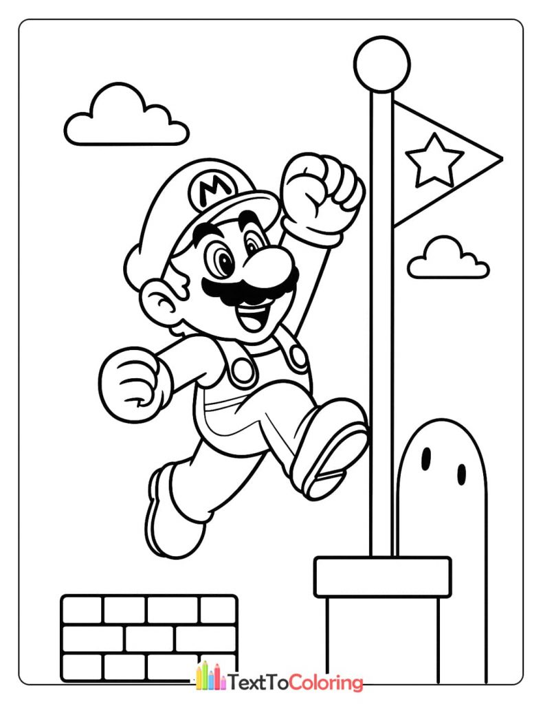 A coloring page of Mario jumping and grabbing the flagpole