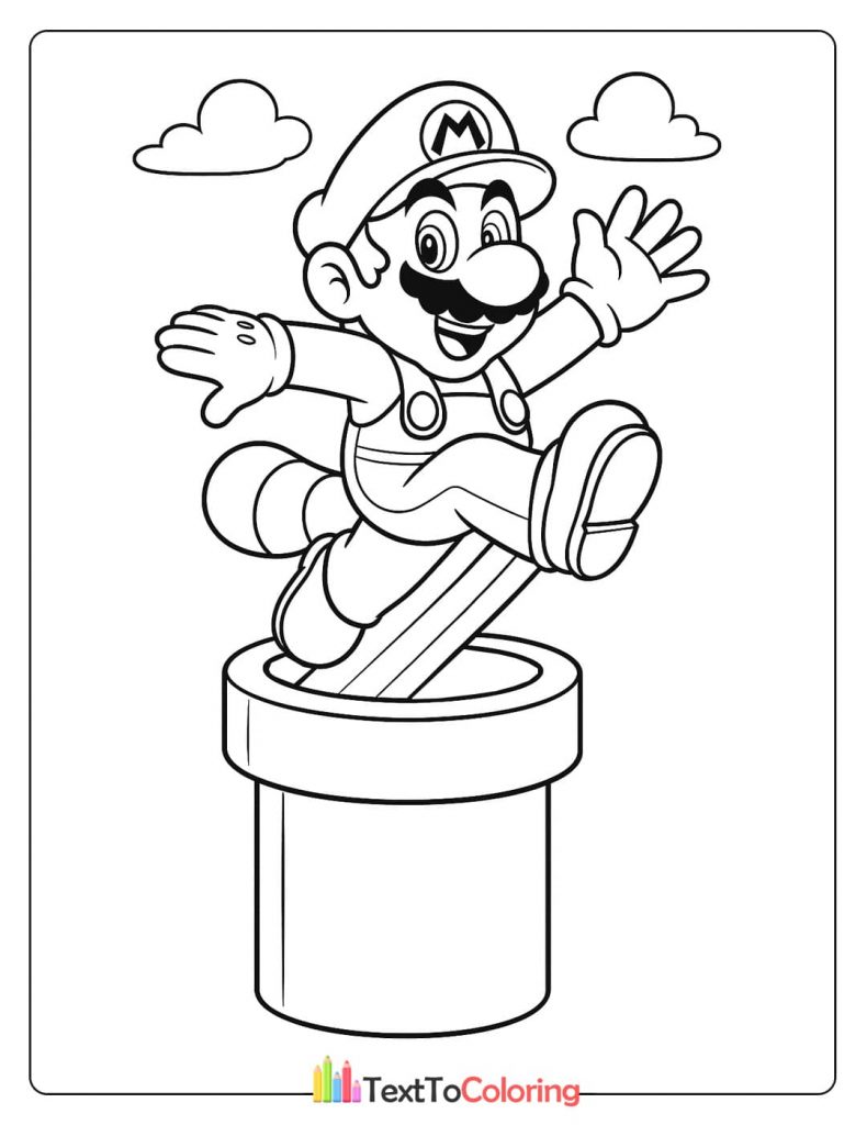 A coloring page of Mario jumping out of a green pipe