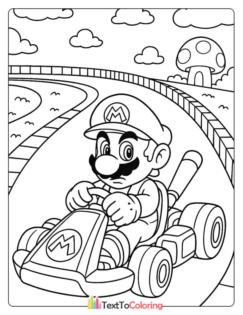 A coloring page of Mario racing in a go-kart