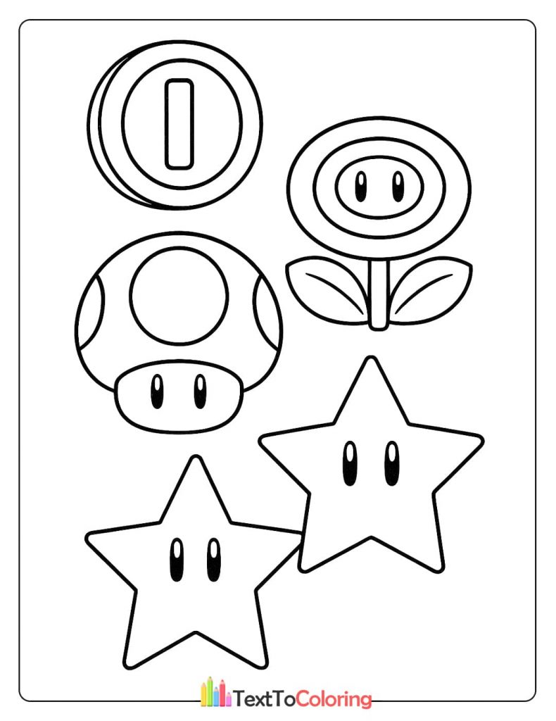 A coloring page with a coin, fire flower, mushroom, and stars