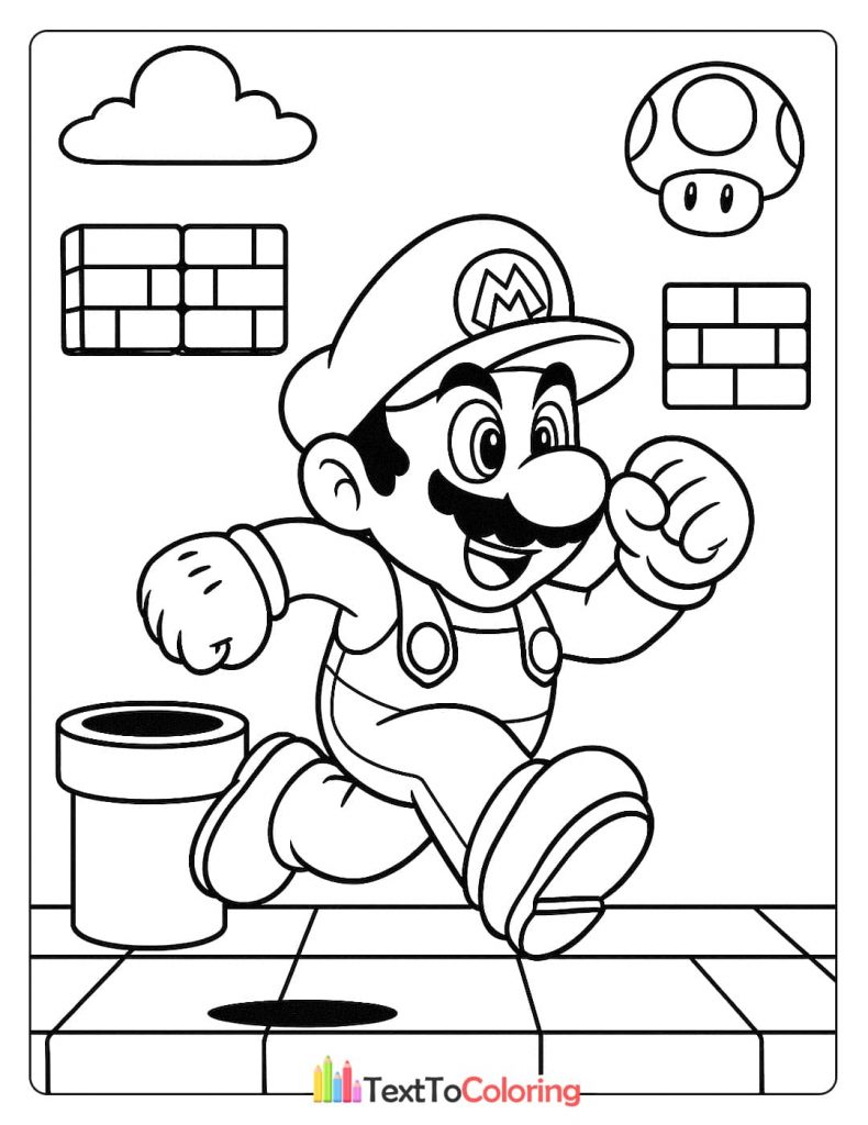A coloring page featuring Mario running with a pipe, brick blocks, and a mushroom