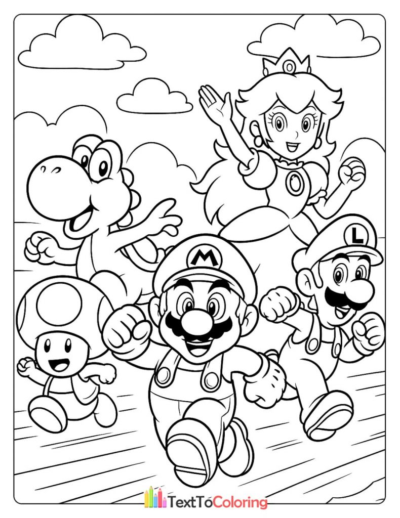 A coloring page of Mario, Luigi, Princess Peach, Toad, and Yoshi running