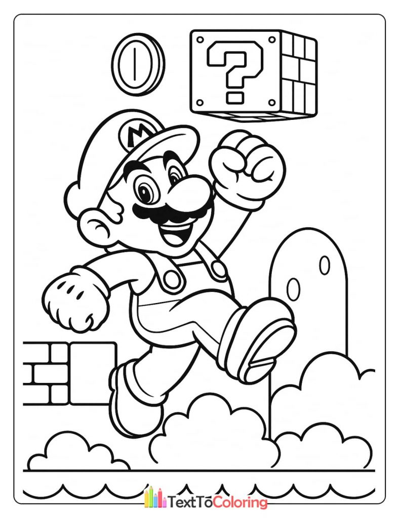 A coloring page of Mario jumping over a Goomba