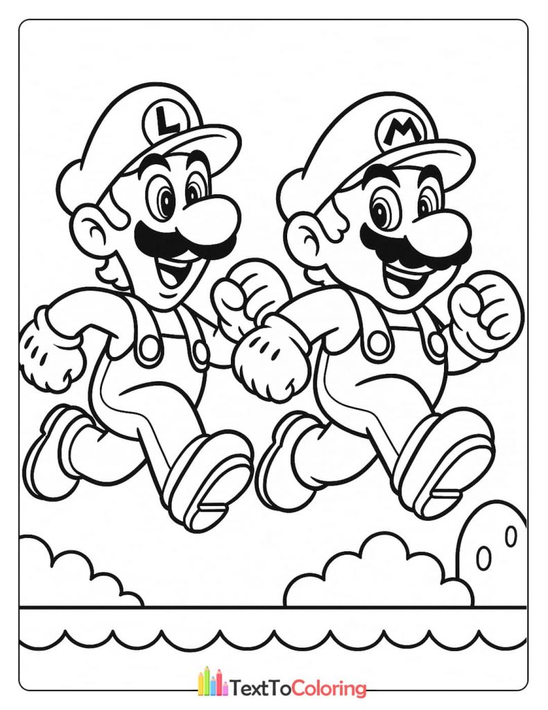A coloring page featuring Mario and Luigi running