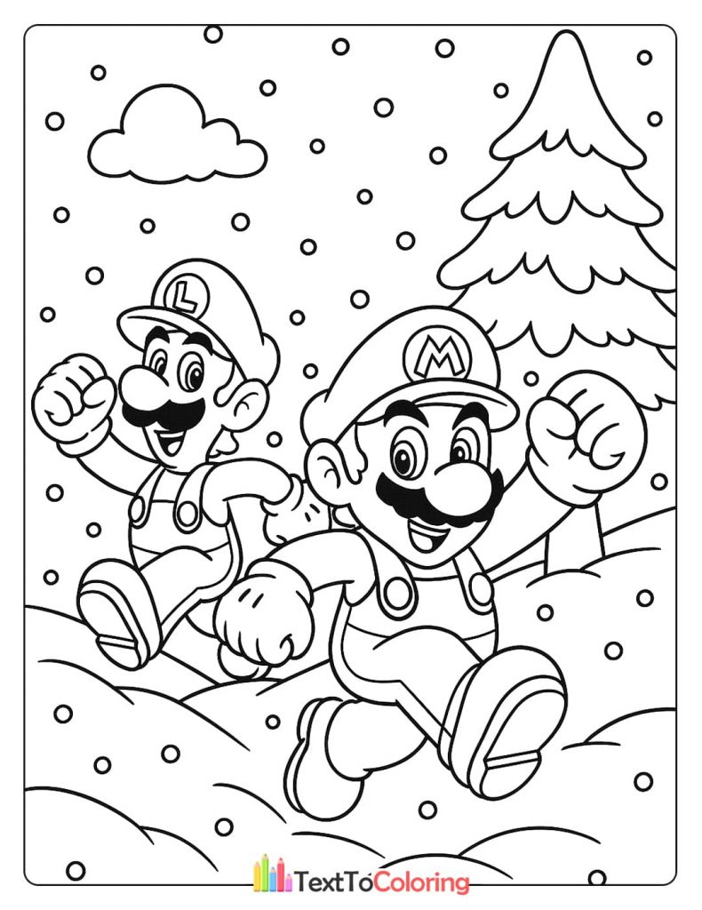 A coloring page of Mario and Luigi running in the snow
