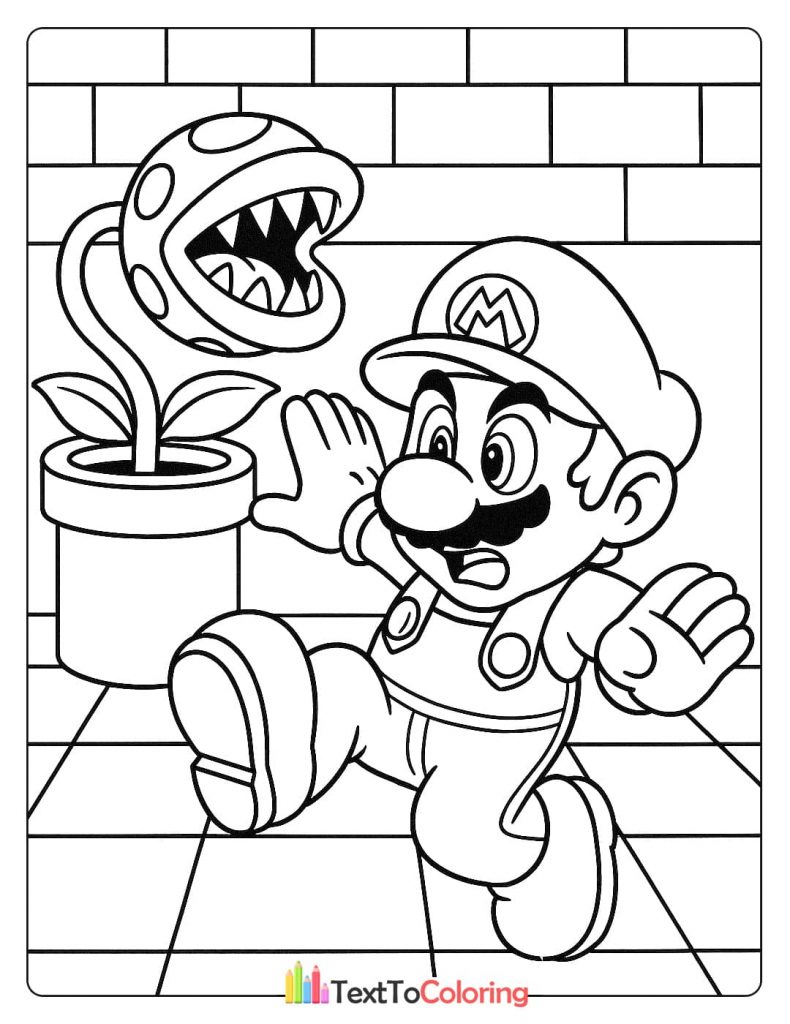 A coloring page of Mario startled by a Piranha Plant
