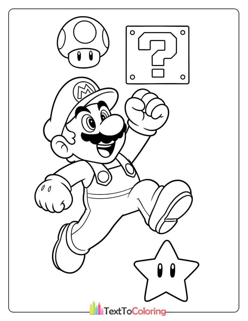 A coloring page of Mario with a mushroom, question block, and star