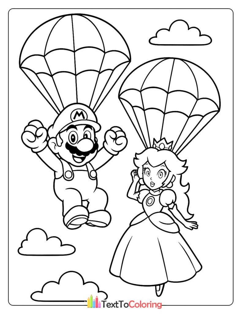 A coloring page of Mario and Princess Peach descending with parachutes