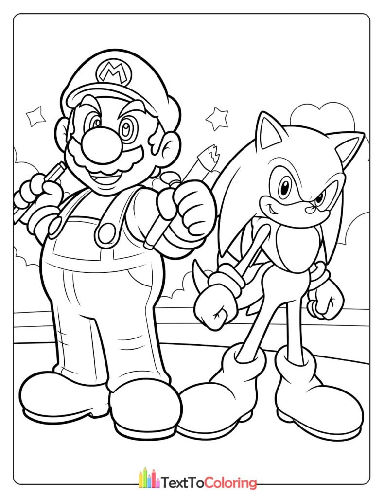 A coloring page of Mario and Sonic the Hedgehog