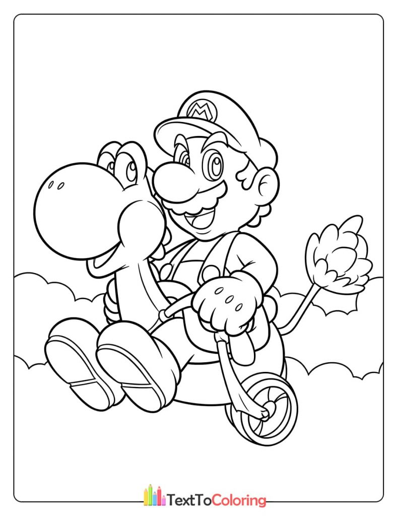 A coloring page of Mario riding Yoshi on a cloud