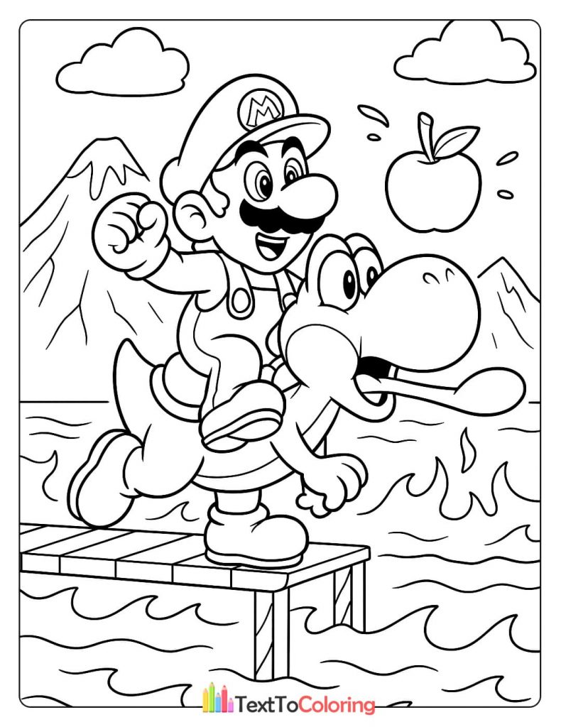 A coloring page of Mario riding Yoshi on a wooden dock