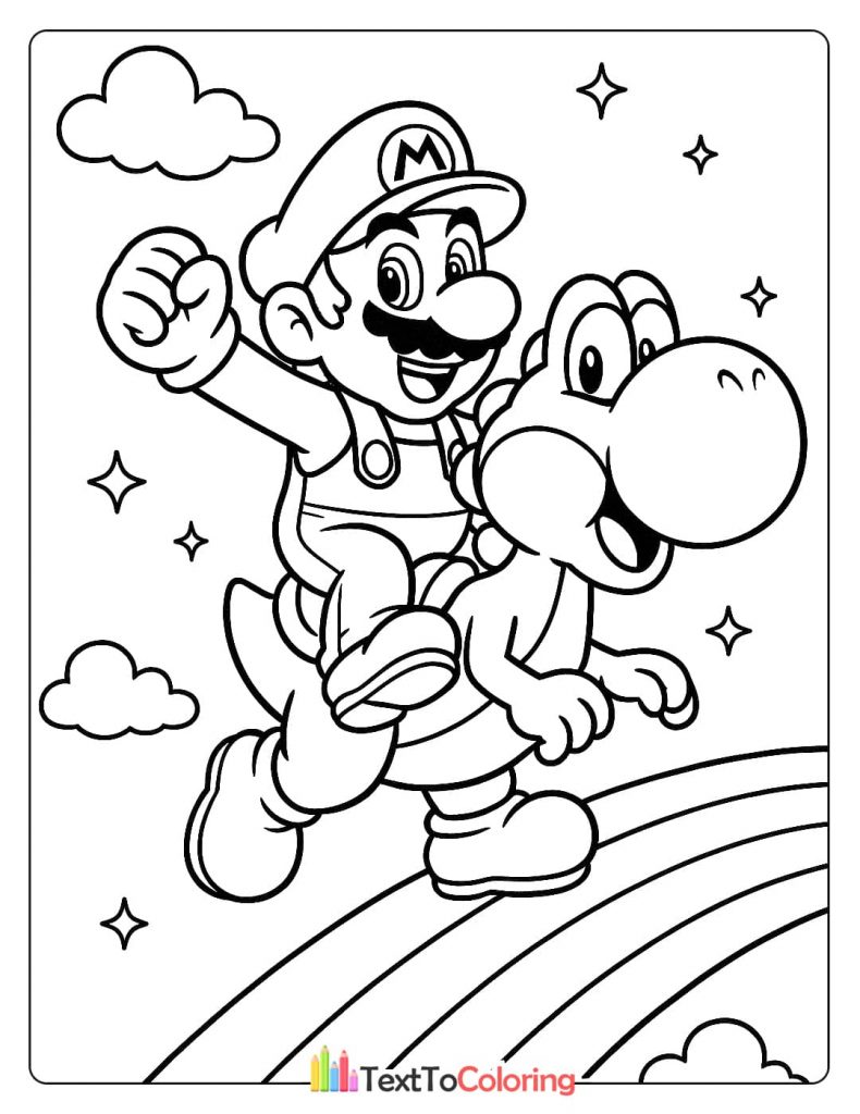 A coloring page of Mario riding Yoshi on a rainbow road