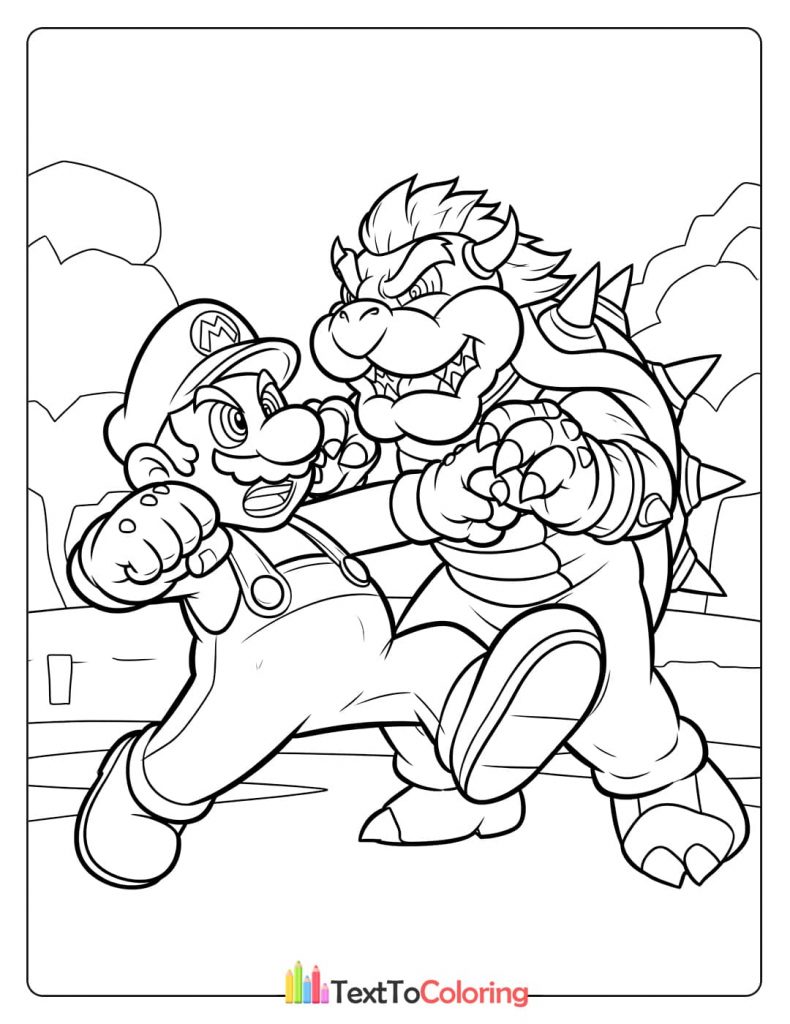 A coloring page of Mario fighting Bowser