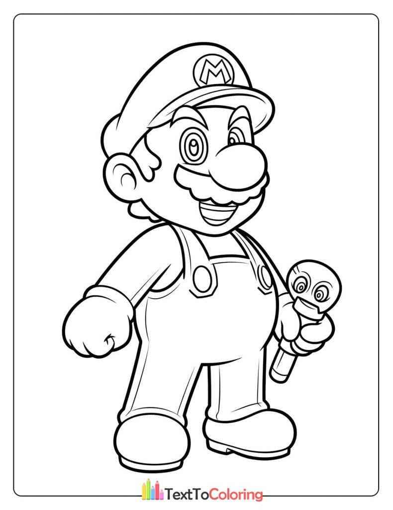 A coloring page of Mario holding a small figure