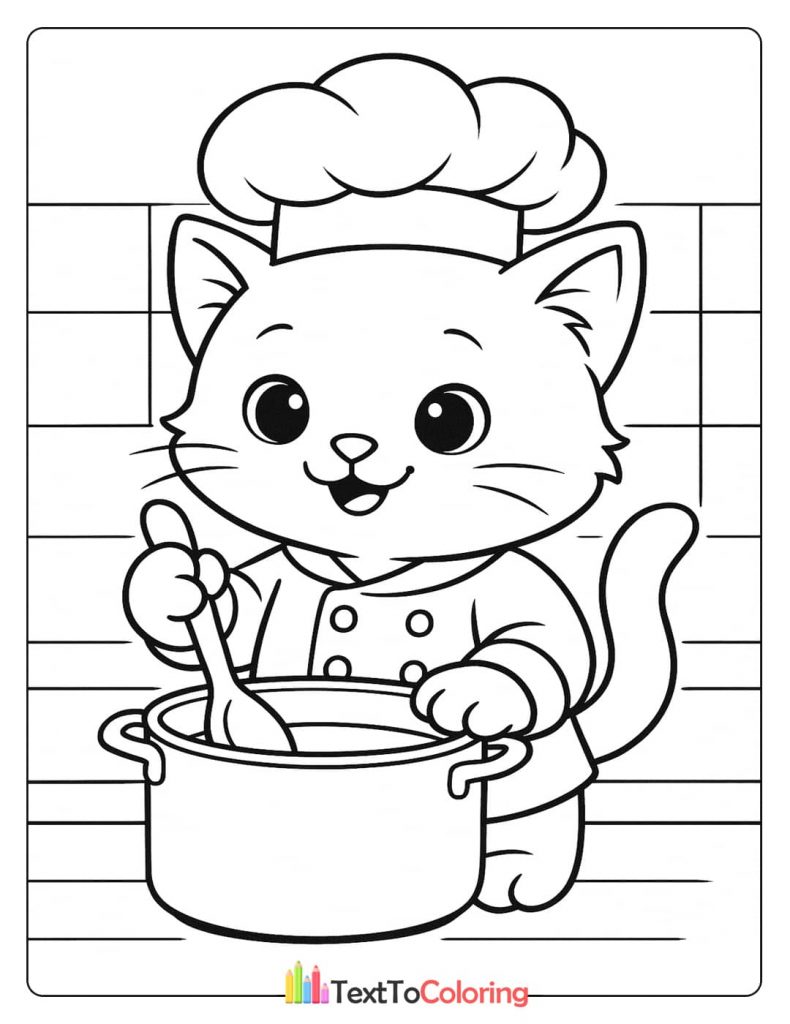 A cute coloring page of a kitten wearing a chef's hat and coat, happily stirring a large pot with a spoon.
