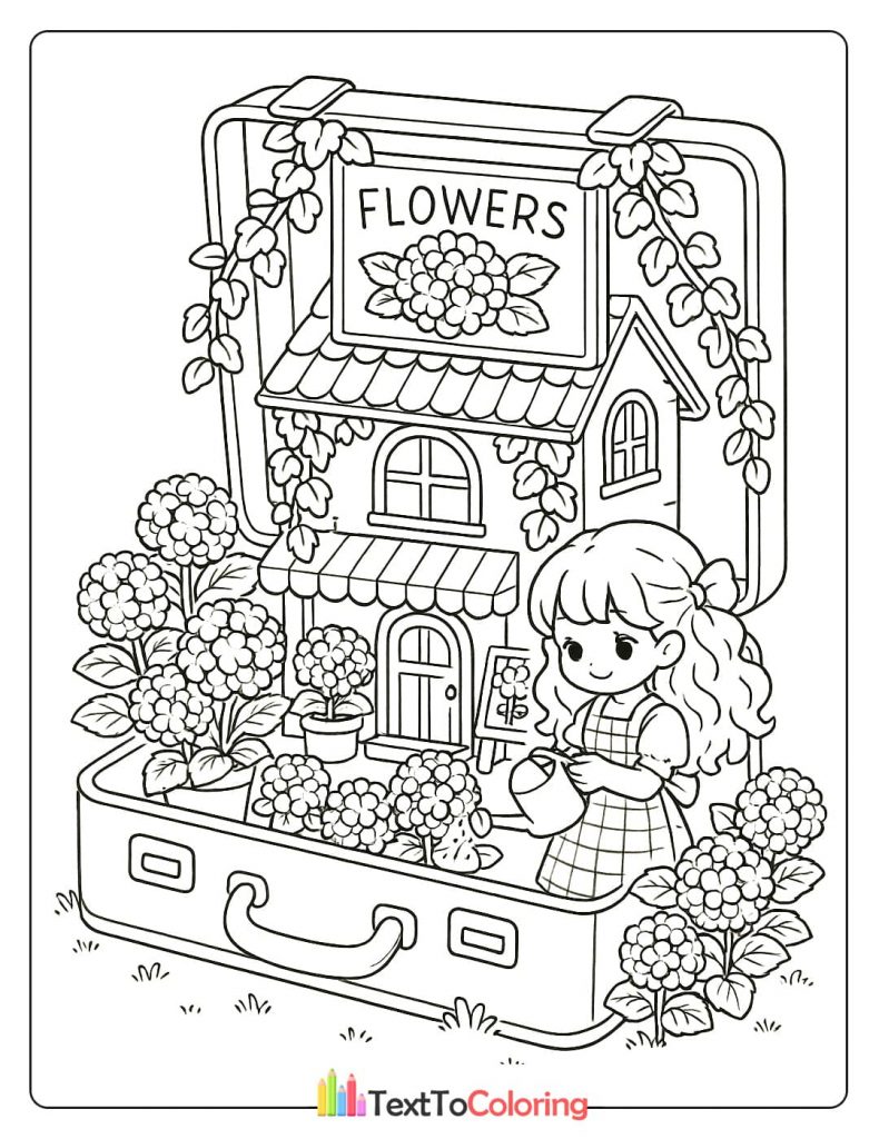 A coloring page of a girl tending to flowers in a miniature suitcase flower shop.