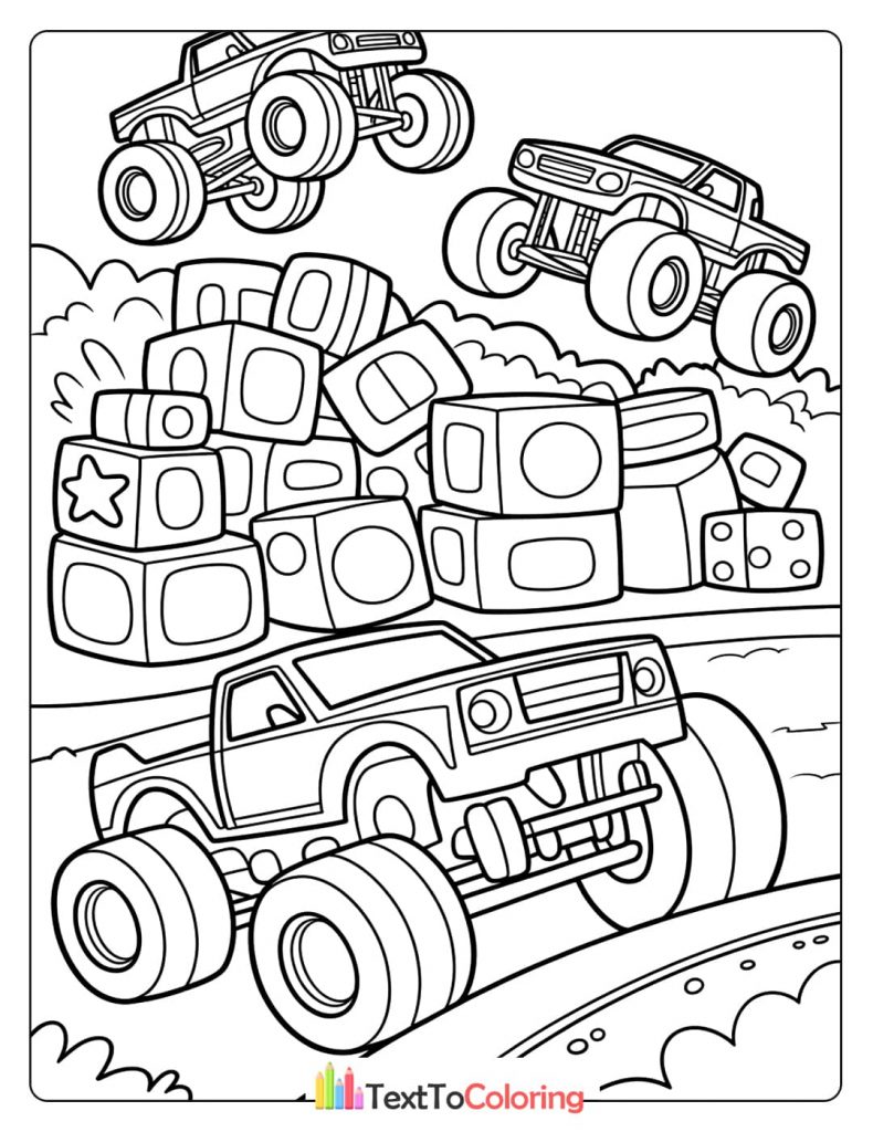 A coloring page featuring three monster trucks and a large pile of toy building blocks.