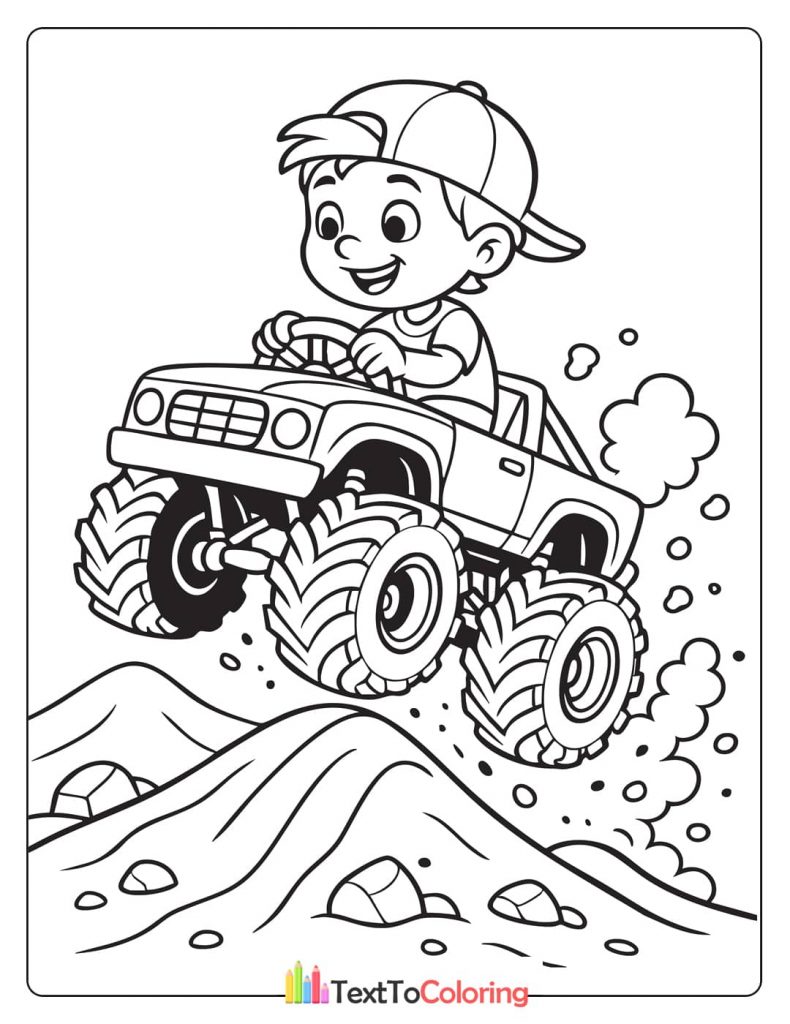 A coloring page of a happy boy driving a monster truck over a dirt hill, with dust clouds behind.