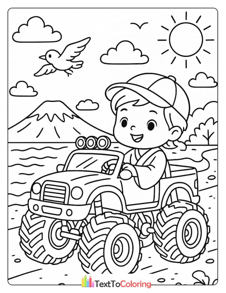 A coloring page of a happy boy driving a monster truck through a scenic landscape with mountains birds and the sun.
