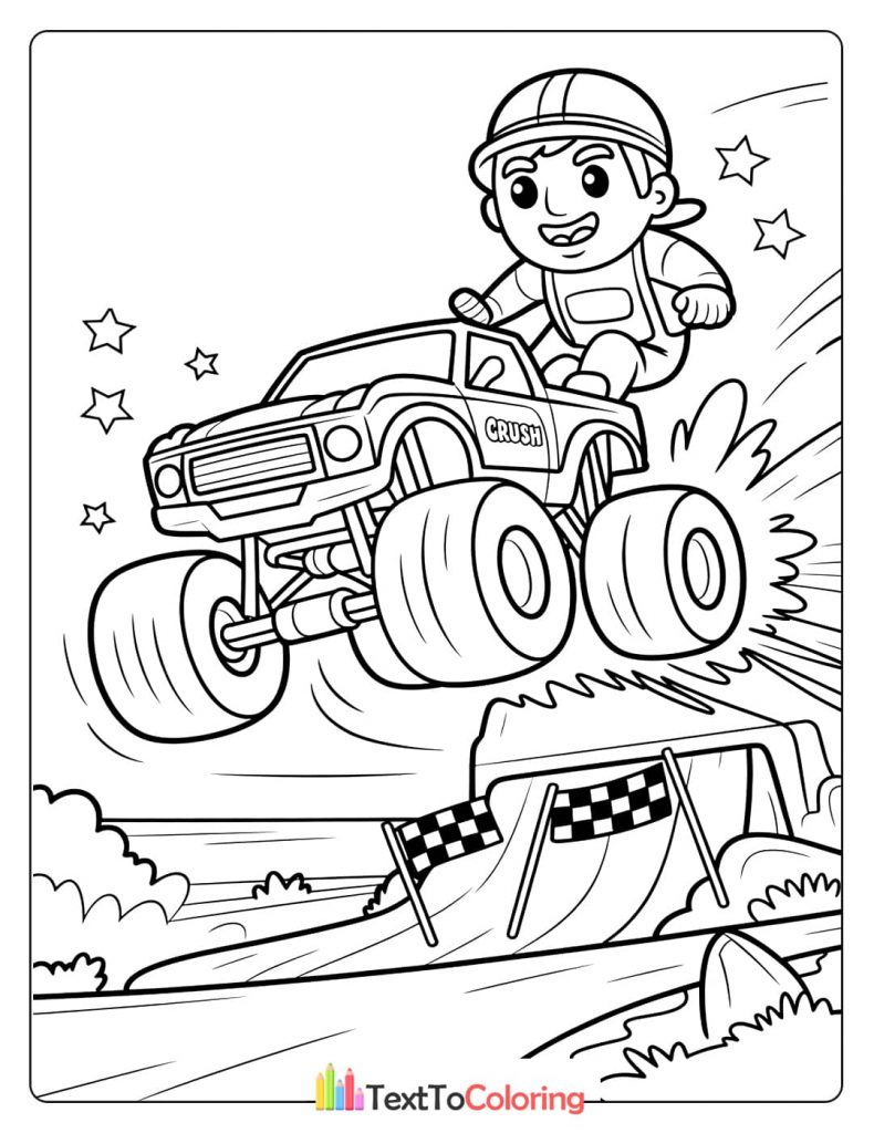 A coloring page of a boy in a helmet driving a monster truck with "CRUSH" on the side, jumping over a ramp.
