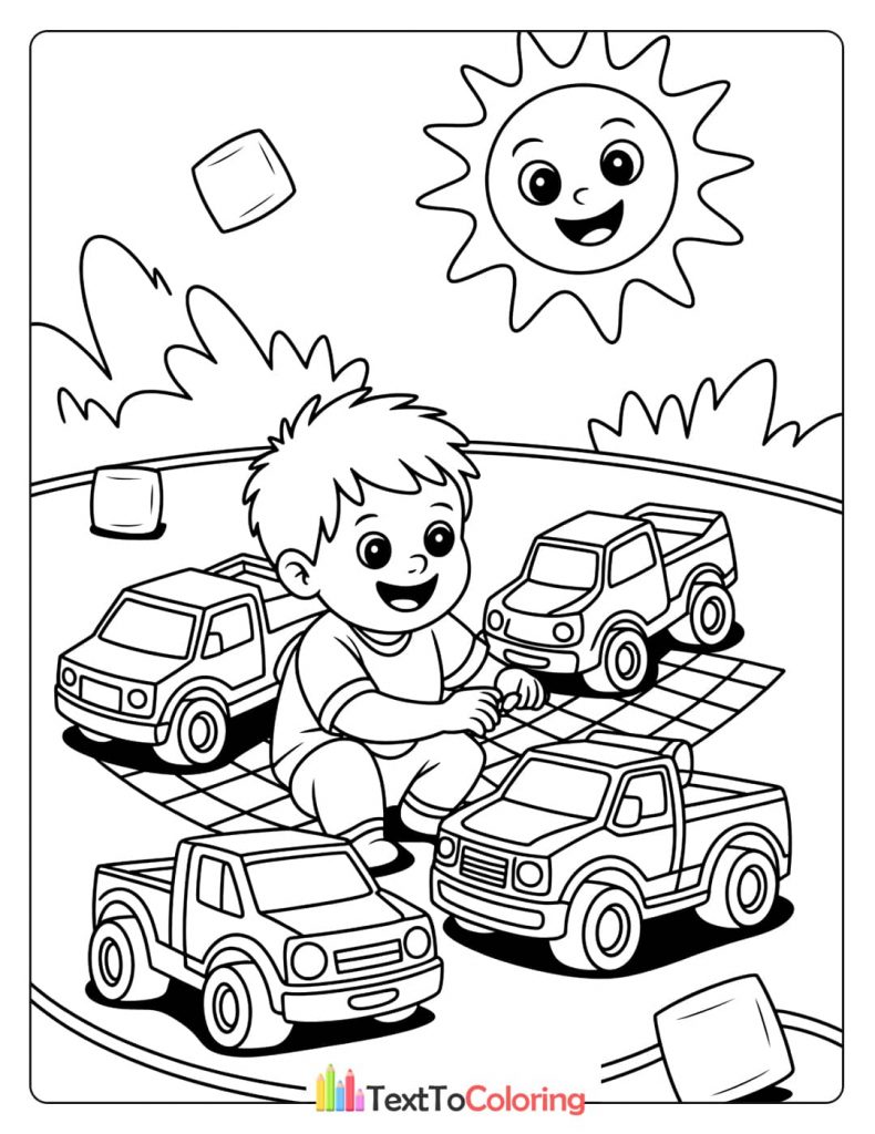 A coloring page of a smiling boy sitting on a grid playing with four toy monster trucks under a happy sun.