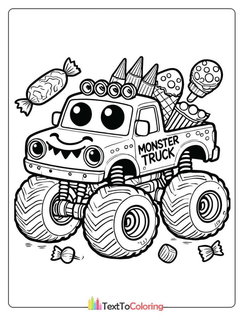 A coloring page of a cute monster truck with candy and sweets in its truck bed and flying around it.