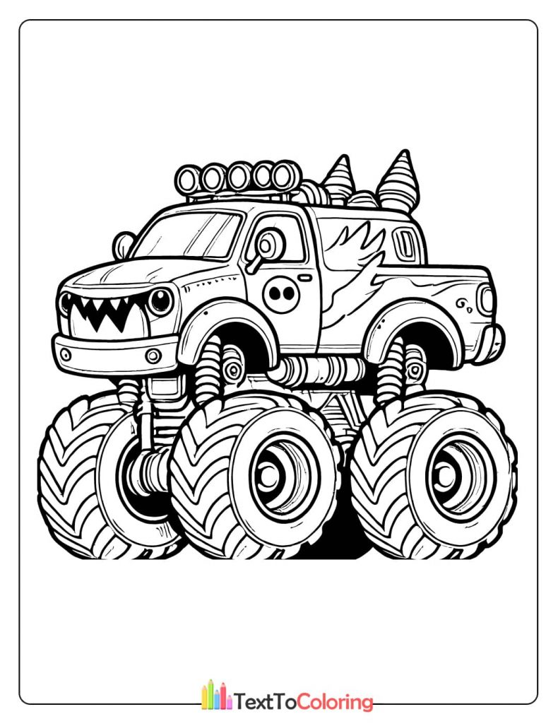 A cartoon style monster truck coloring sheet with a unique design including a winged creature graphic on the side.
