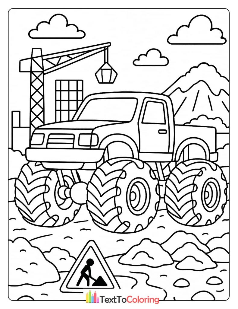 A coloring page of a monster truck at a construction site with a crane and a work-in-progress sign.