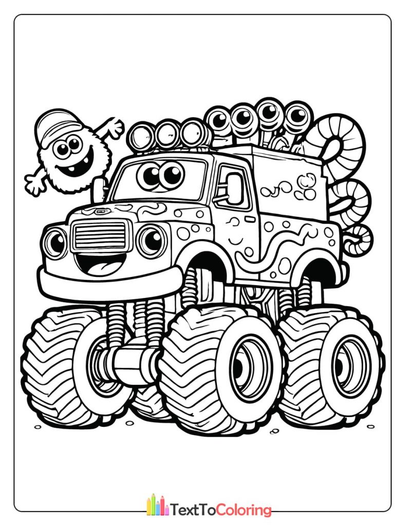 A wacky monster truck coloring page with multiple eyes on the roof a smiling face and a separate fluffy monster character.