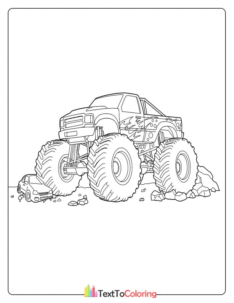 A realistic monster truck coloring page showing it crushing a small car with debris and rocks on the ground.