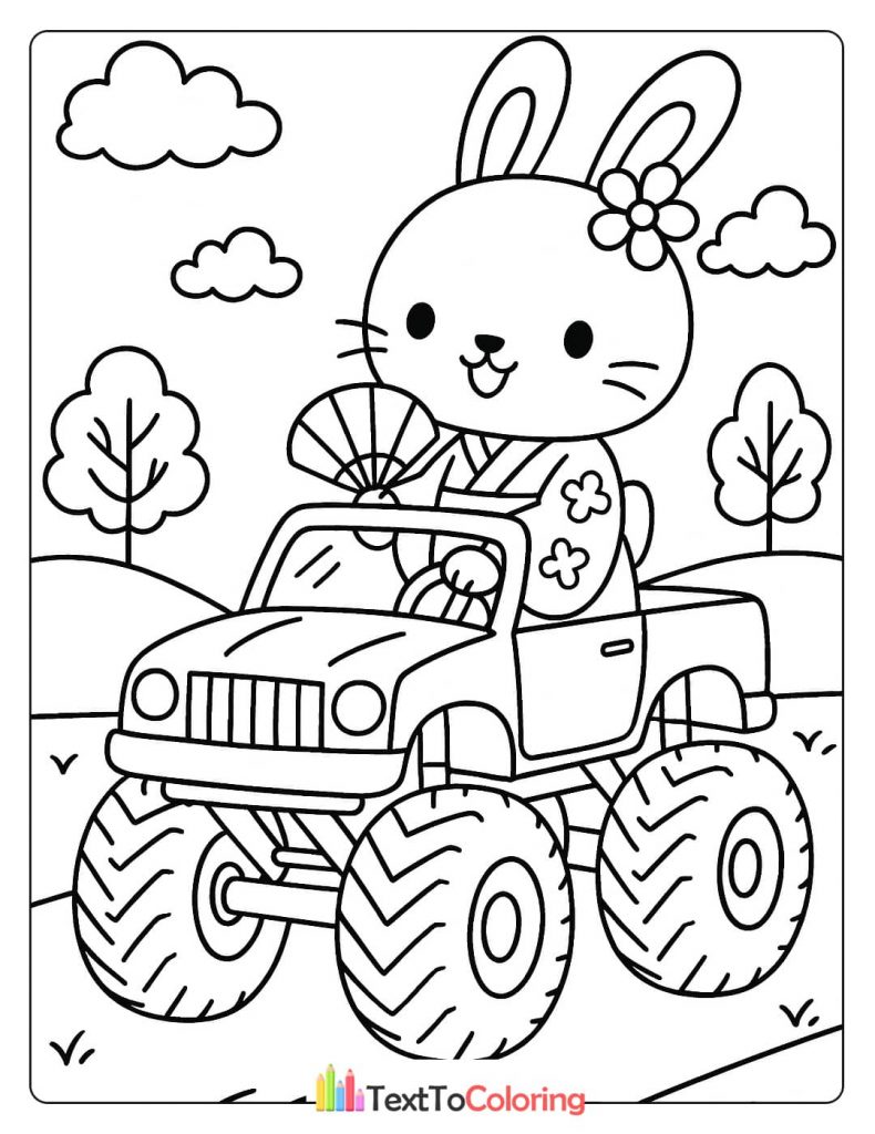 A coloring page of a cute cartoon bunny wearing a kimono and holding a fan while driving a monster truck.