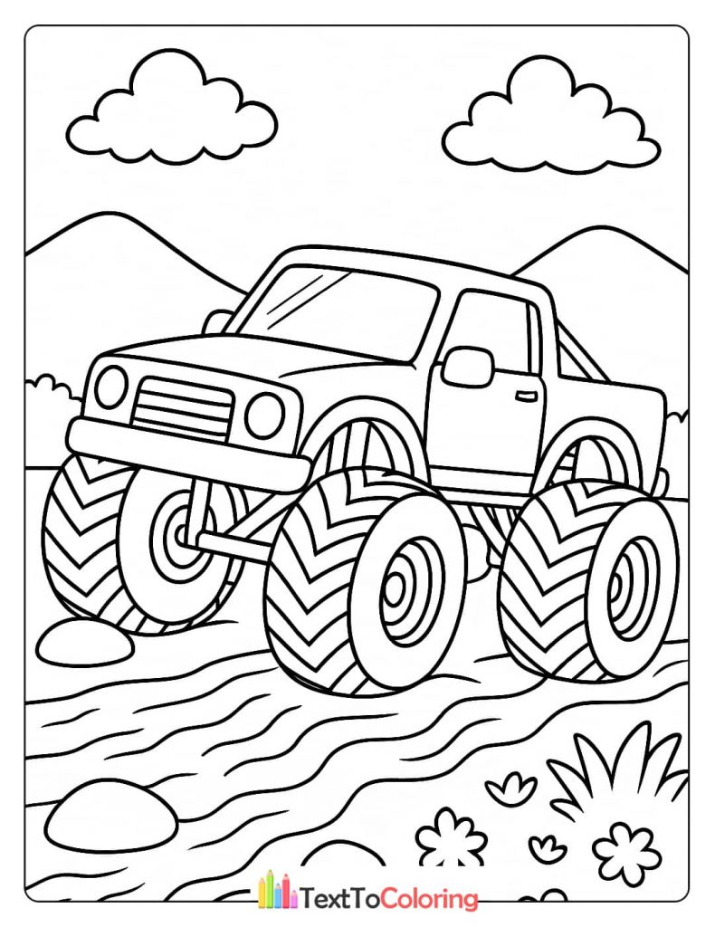 A coloring page of a monster truck driving through a shallow creek with a scenic background.