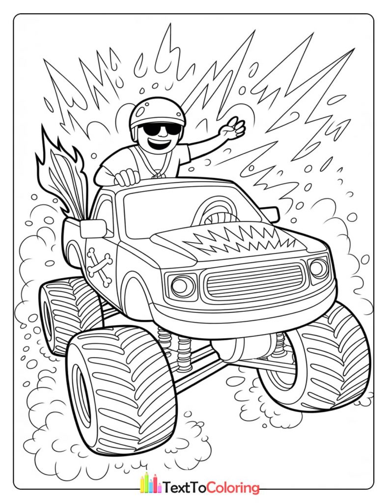 A coloring page of a cool driver in a helmet and sunglasses driving a monster truck with flames and a cross logo.