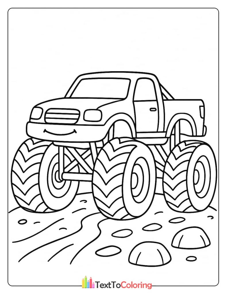 A friendly monster truck with a smiling face driving on a dirt road with rocks.