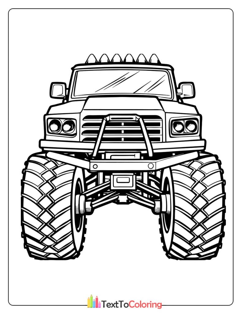 A coloring page of a monster truck seen from the front showcasing its large tires and detailed grille.