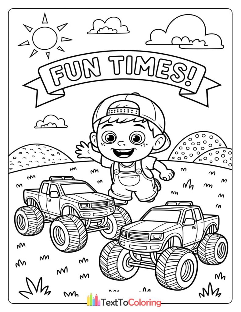 A coloring page of a boy standing between two monster trucks with a "FUN TIMES!" banner above him.
