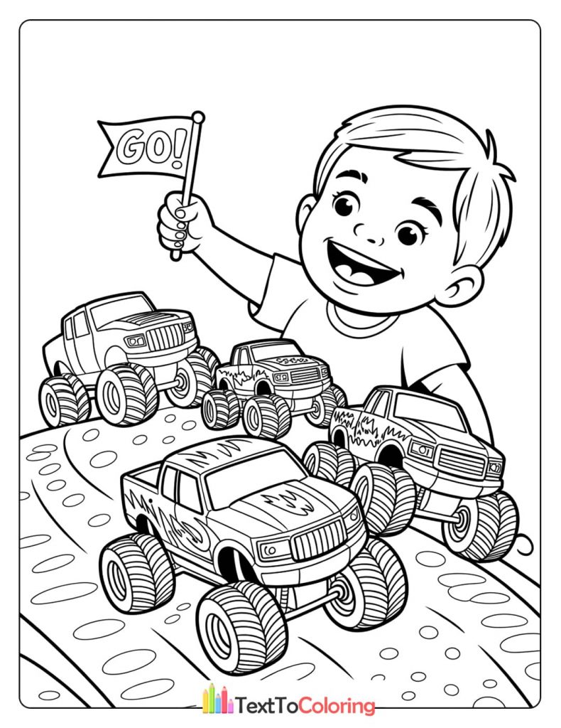 A coloring page of a boy holding a "GO!" flag while four monster trucks race towards him.