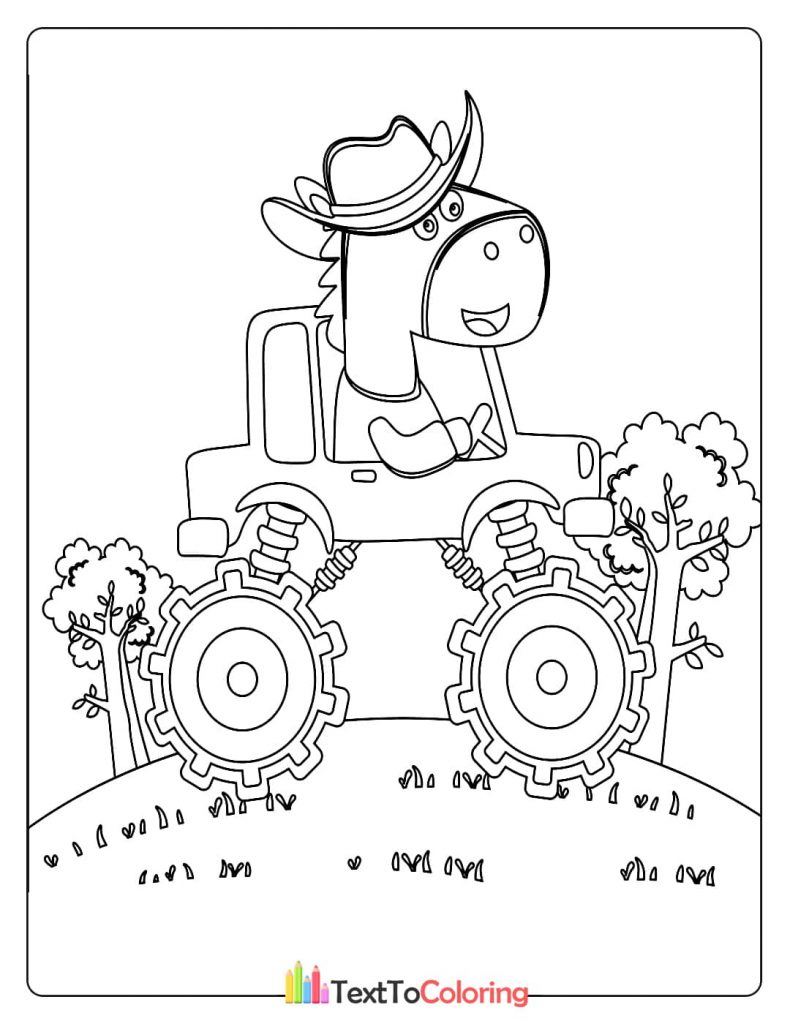 A coloring page showing a friendly cartoon horse wearing a cowboy hat and driving a monster truck.