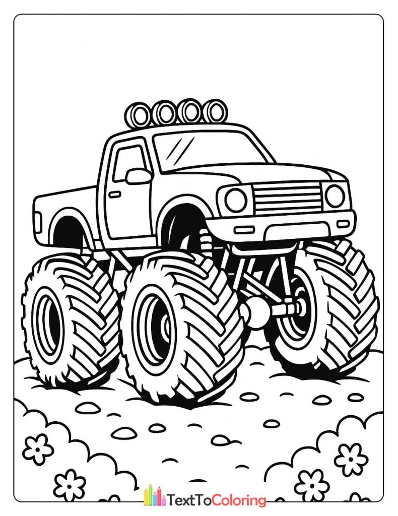 A coloring page of a monster truck standing in a field with flowers and a plain background.