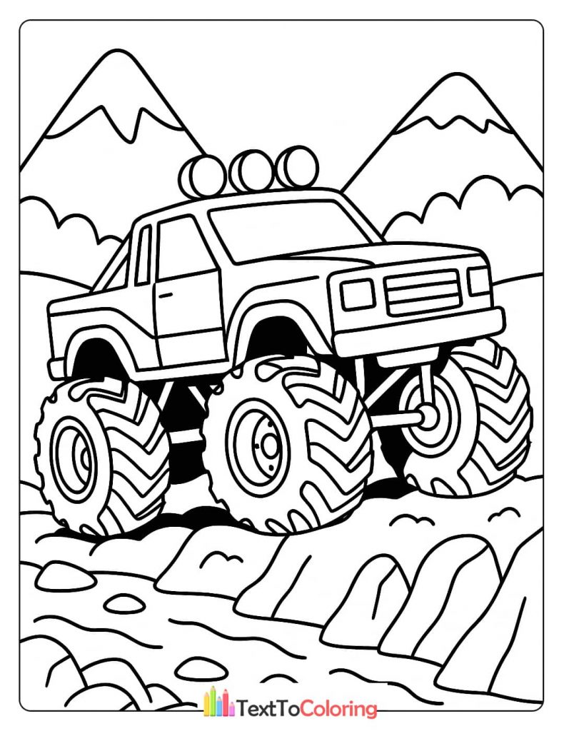 A coloring page of a monster truck driving through a rocky, mountainous landscape.