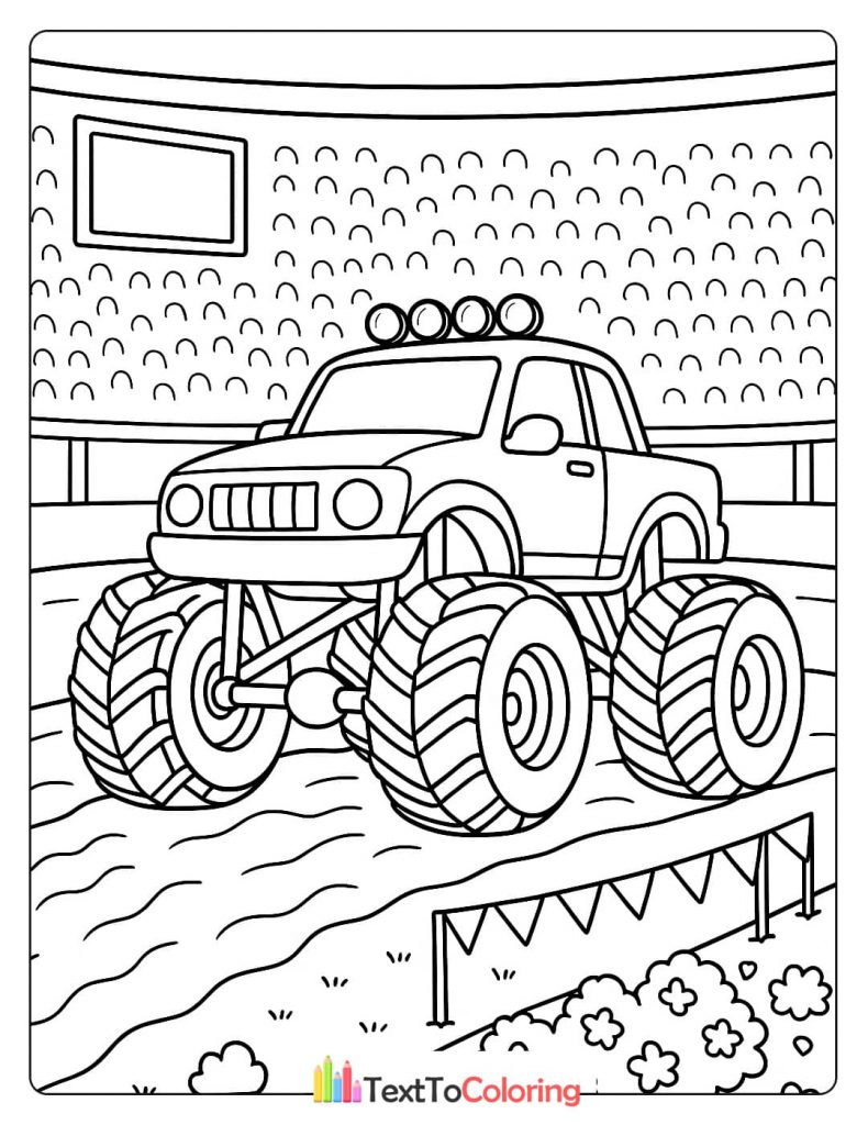 A coloring page of a monster truck in a stadium with a cheering crowd and a large scoreboard.
