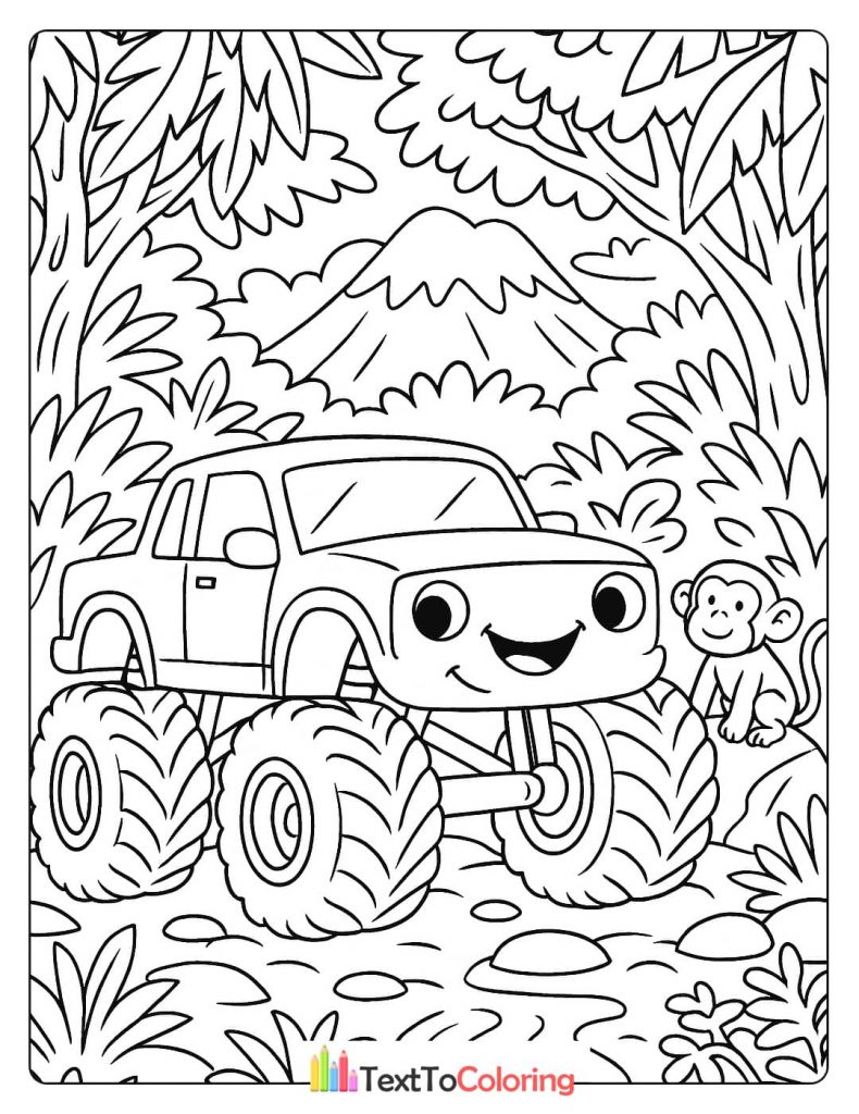 A coloring page of a friendly monster truck and a monkey smiling in a lush jungle setting with a mountain in the background.