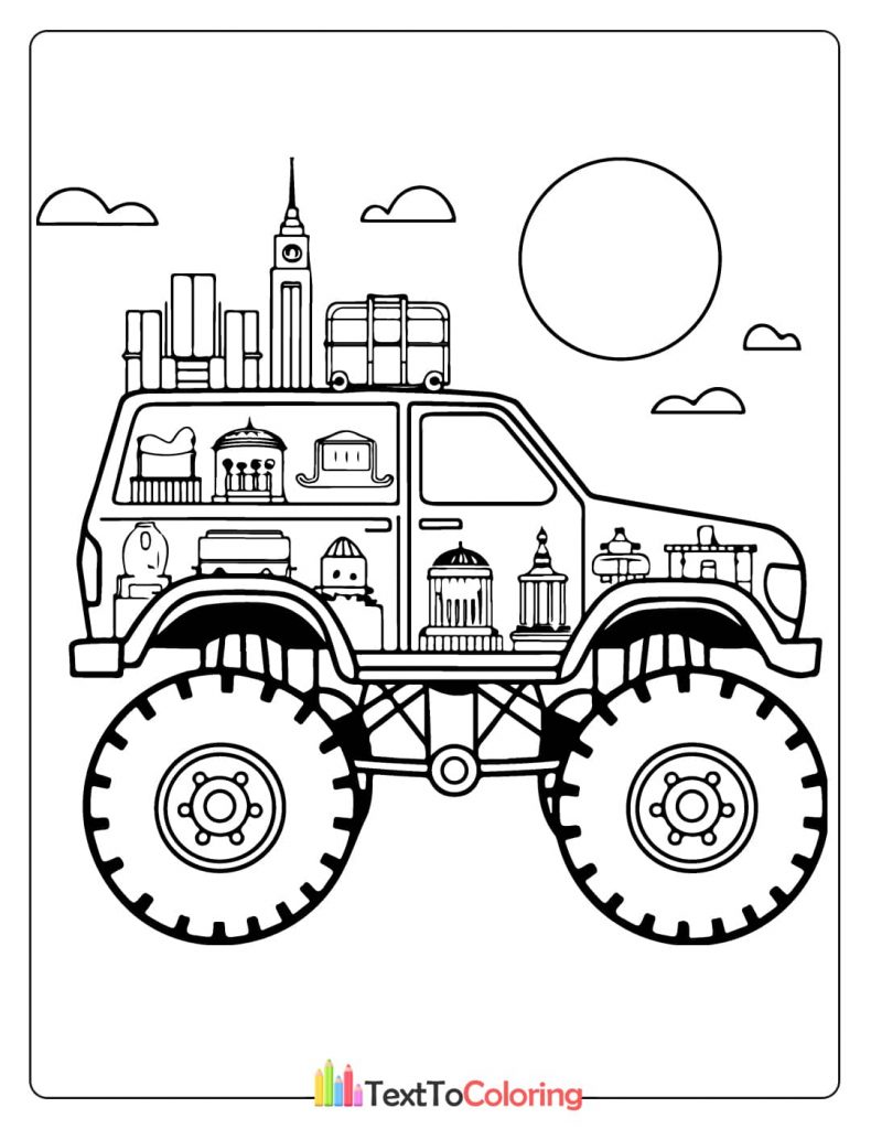 A highly detailed monster truck coloring sheet with iconic London landmarks, like Big Ben, visible on its body.
