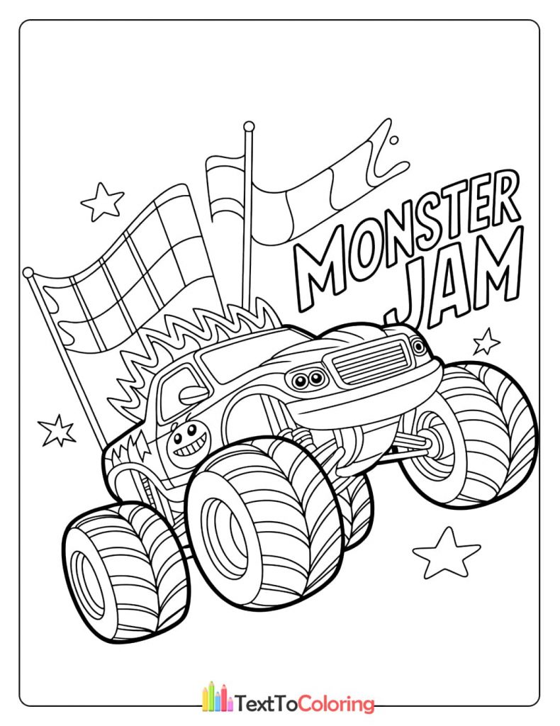 A coloring page of a monster truck jumping with a "MONSTER JAM" text and flags.