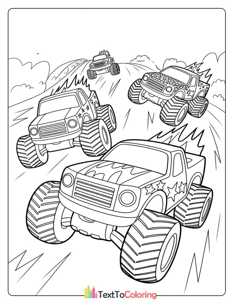 A coloring page of three monster trucks racing each other with motion lines showing their speed.