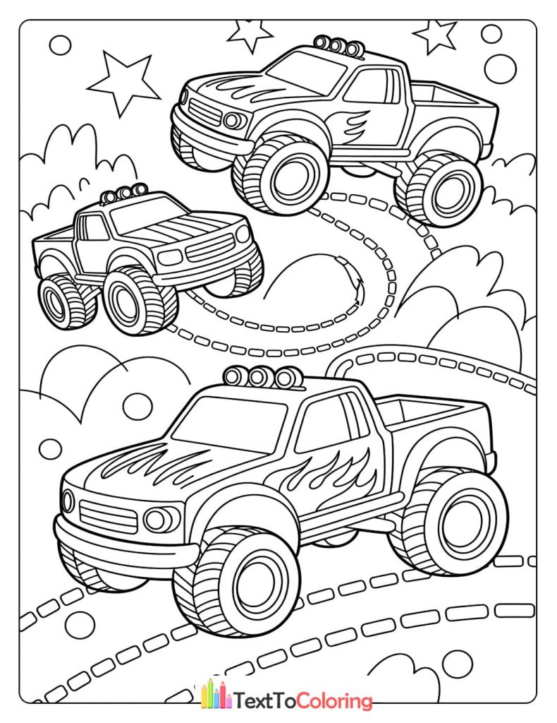 A coloring page showing three monster trucks with different designs driving in a row, with a sky full of stars and clouds.